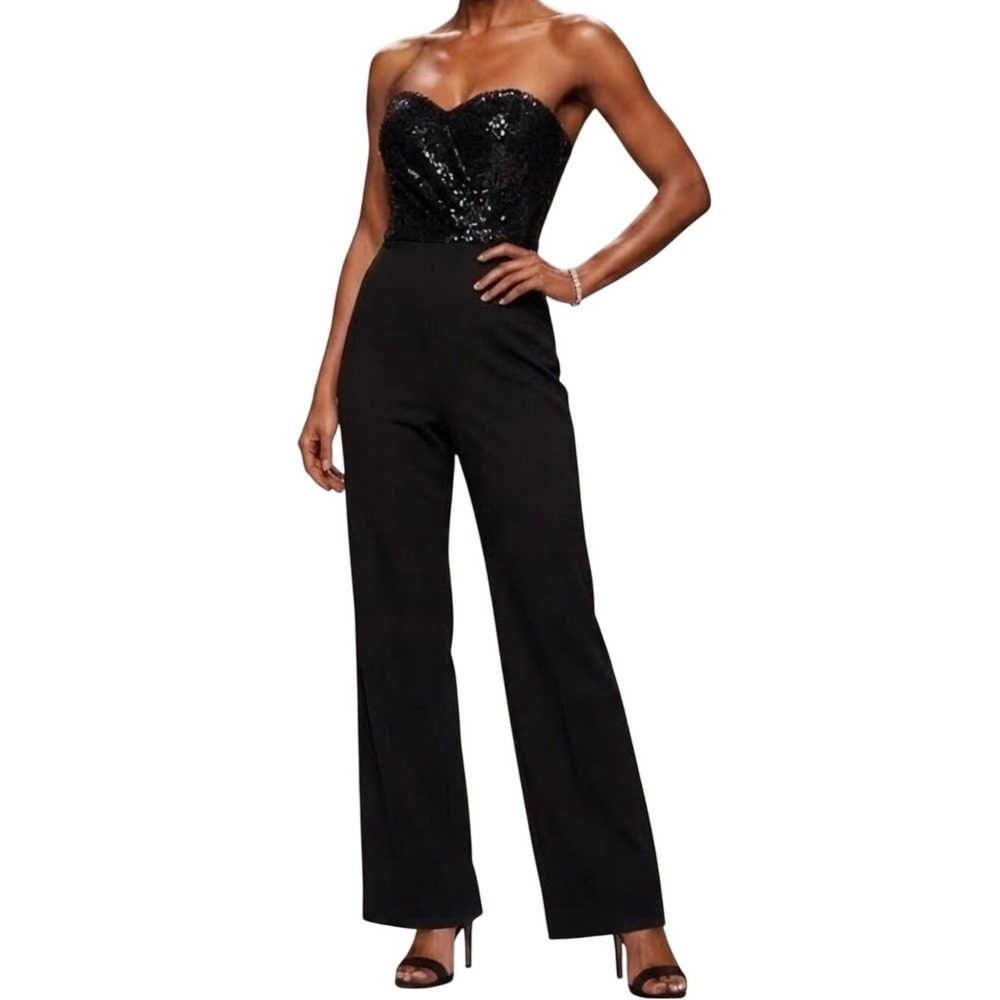 Black Sequin Sweetheart Bodice Strapless Wide-leg Jumper - Picture 1 of 11
